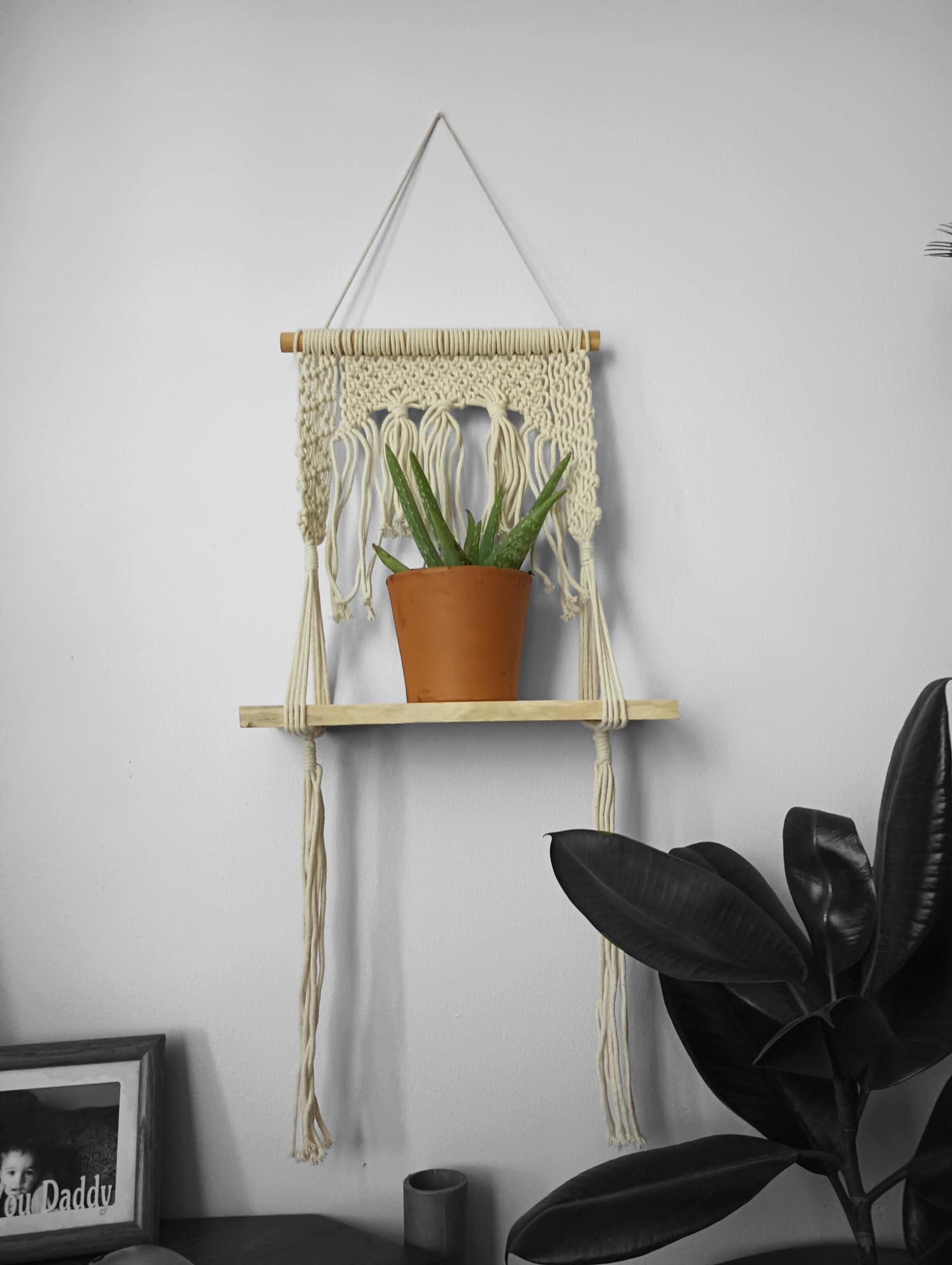 Kamal Brands -Handmade Macrame Wall Hanging Shelf with Tassels and Wooden Plank