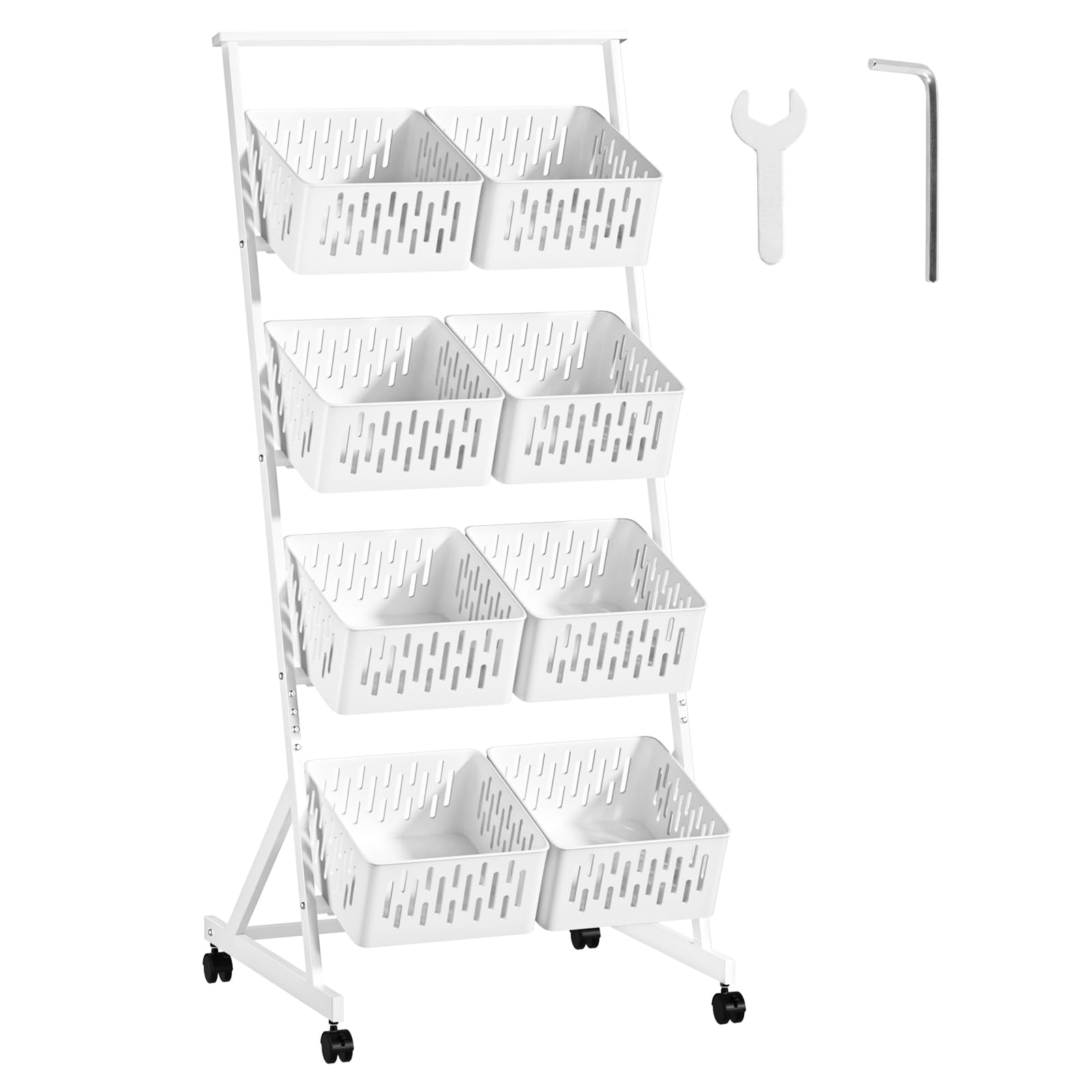 hatleues Fruit Vegetable Storage Basket, 4 Tier Fruit Storage Shelves with Removable Basket and Rolling Wheels,Kitchen Organizers and Storage Rack, Standing Utility Storage Cart (White, Four Layer)