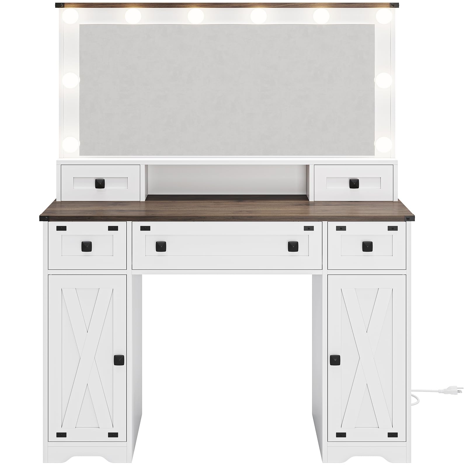 DICTAC Farmhouse Vanity Desk with Mirror and Hollywood Lights, 43'' Makeup Table with Power Outlet, 5 Drawers and 2 Cabinets Vanity Table with 3 Color Lighting Modes Brightness Adjustable, White