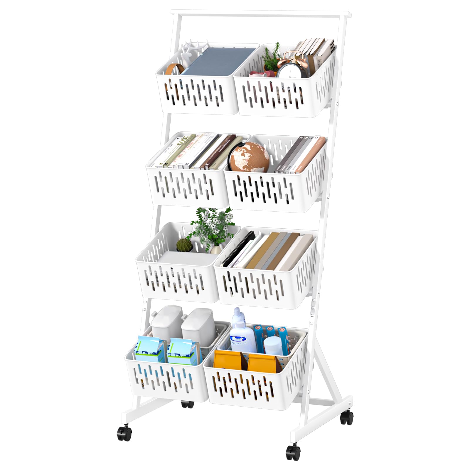 hatleues Fruit Vegetable Storage Basket, 4 Tier Fruit Storage Shelves with Removable Basket and Rolling Wheels,Kitchen Organizers and Storage Rack, Standing Utility Storage Cart (White, Four Layer)