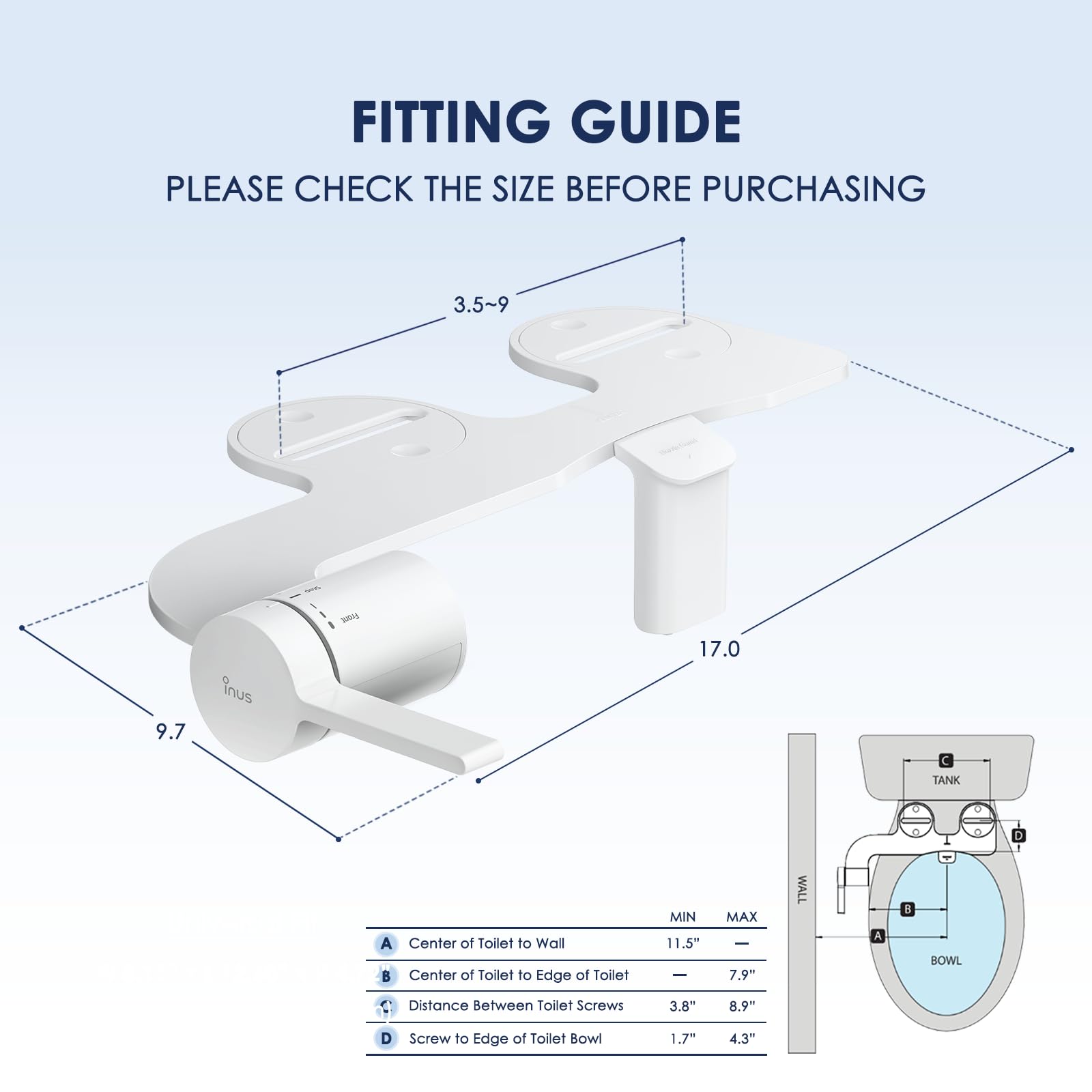 INUS Dual Nozzle Bidet Attachment for Existing Toilets Seat,Slim Non-Electric Bidet Toilet Seat Attachment with Easy-to-Hold Design Control-White Color