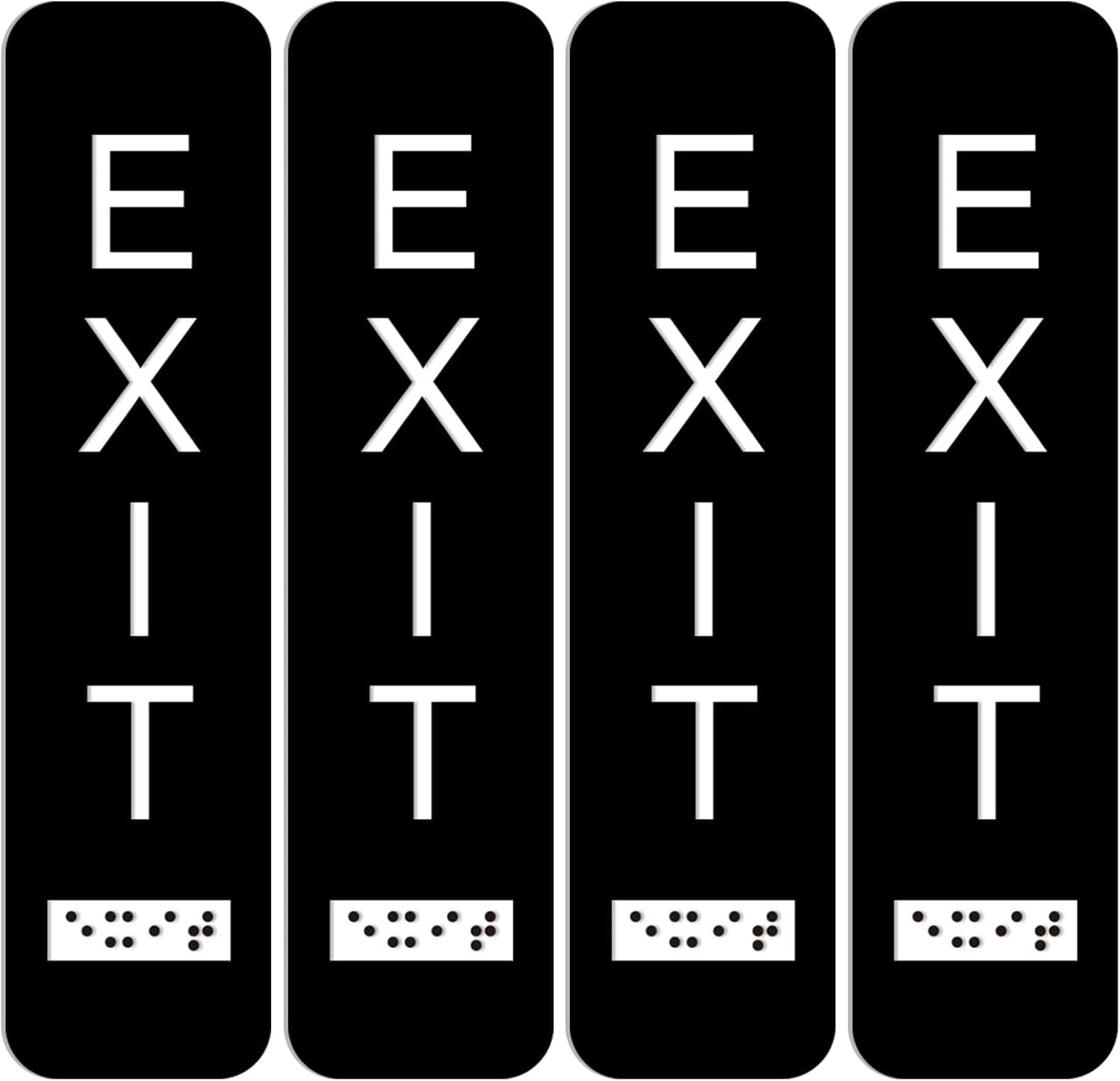 4-Pack Vertical Exit Signs with Braille – ADA-Compliant Exit Signs for Businesses – Raised Letters & Braille – Adhesive Mounting Strips Included – 8x2 Inch