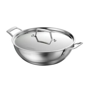 tramontina utsava 4-quart tri-ply clad stainless steel kadai with lid, kadhai pot for indian cooking