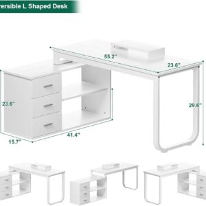 MaverickFurni White Desk with Drawers, 55 Inch White L Shaped Desk with 3 Drawers, Computer Desk with Monitor Stand, White Home Office Sturdy Desk with Storage for Bedroom