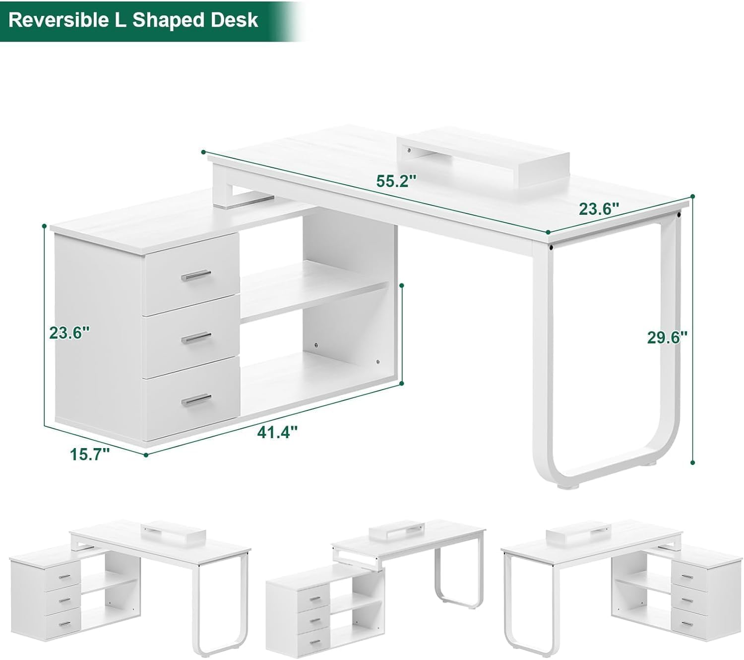 MaverickFurni White Desk with Drawers, 55 Inch White L Shaped Desk with 3 Drawers, Computer Desk with Monitor Stand, White Home Office Sturdy Desk with Storage for Bedroom