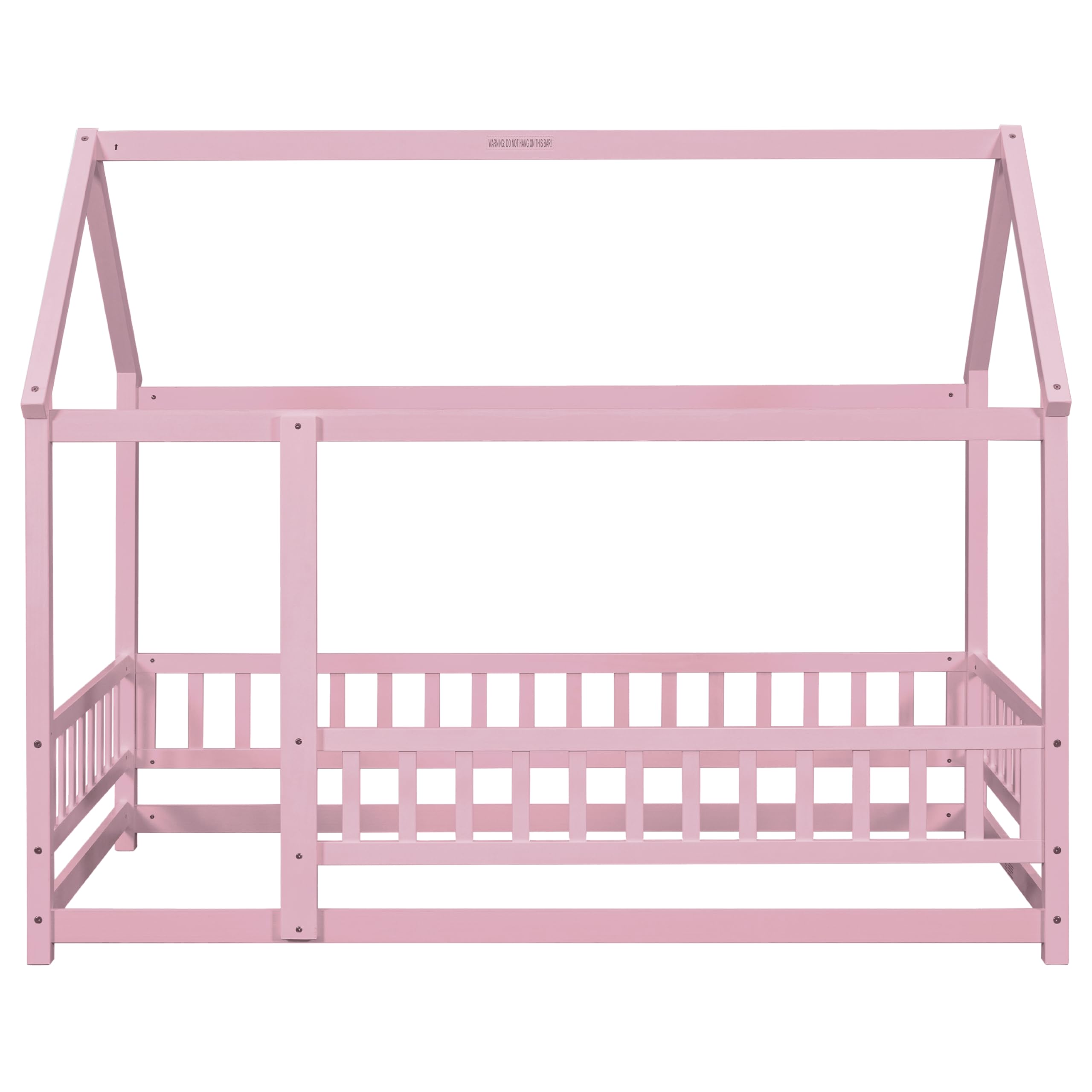 Twin Size House Bed Frame for Kids,Wooden Montessori Floor Bed with Fence and Roof,Floor Bed Frame Twin Size, Twin Bed Frame for Girls,Boys(Twin,Pink)