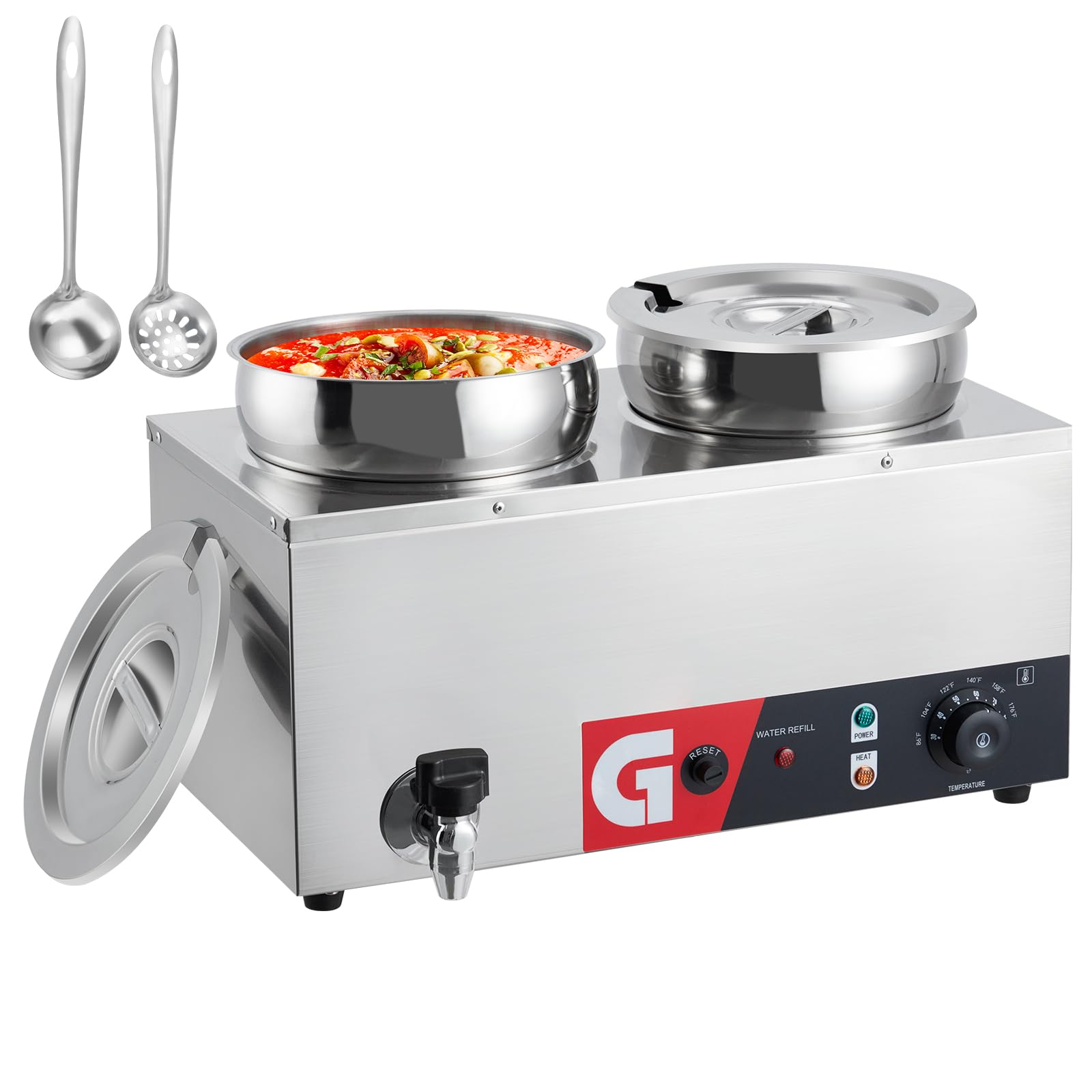 Asypets Commercial Soup Warmer - Stainless Steel Buffet Bain Marie, 86-185℉ Adjustable Temp, Anti-Dry Burn, Reset Button, 1200W Electric Food Warmer for Restaurant