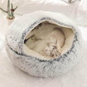 Calming Cat Cave Bed with Hooded Cover, Short-Haired Plush Washable Bed with Non-Slip Bottom, Comfortable and Cozy Round Bed for Small and Medium Cats, Anti-Anxiety Pet Bed(40cm/15.7inches, Green)