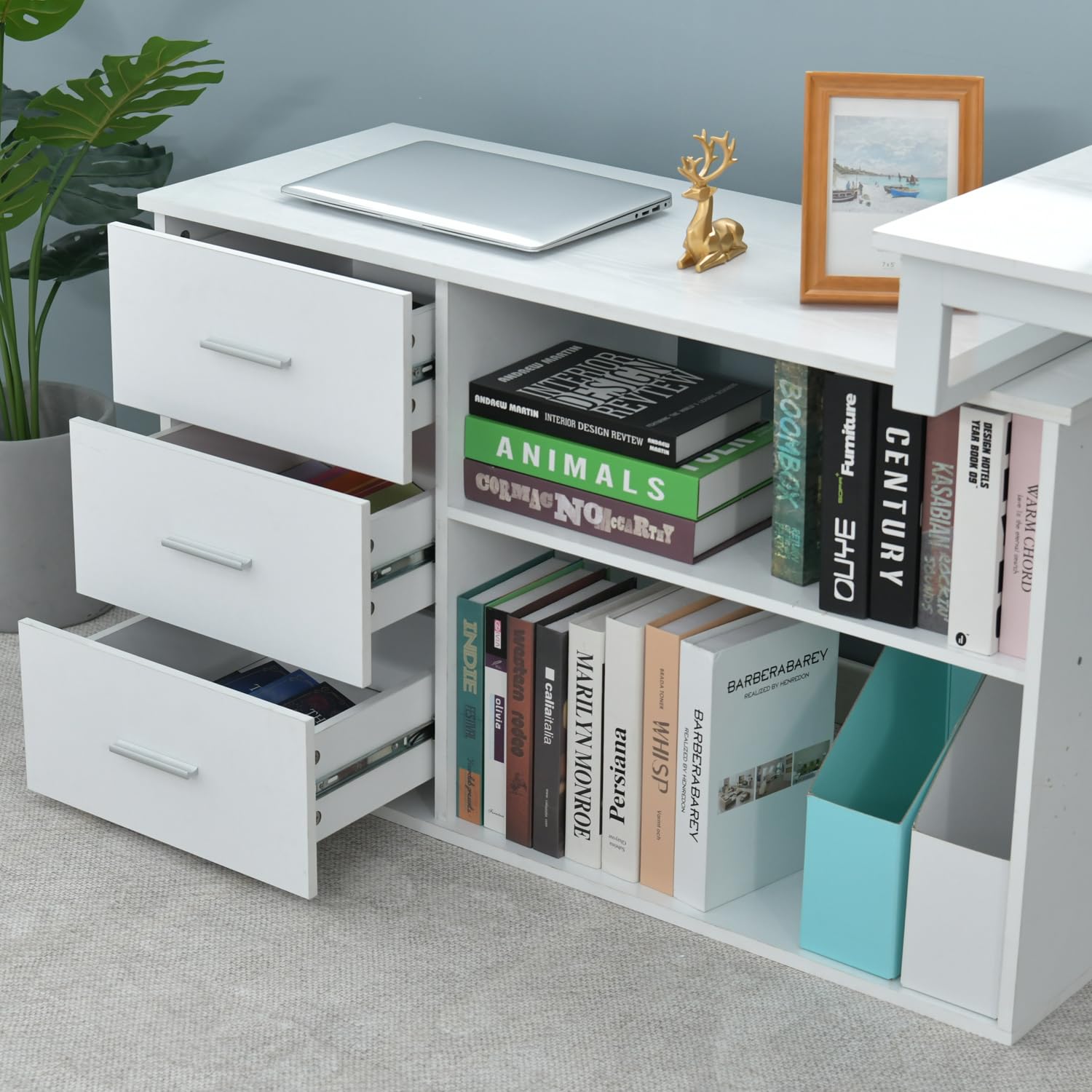 MaverickFurni White Desk with Drawers, 55 Inch White L Shaped Desk with 3 Drawers, Computer Desk with Monitor Stand, White Home Office Sturdy Desk with Storage for Bedroom