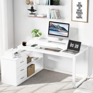 MaverickFurni White Desk with Drawers, 55 Inch White L Shaped Desk with 3 Drawers, Computer Desk with Monitor Stand, White Home Office Sturdy Desk with Storage for Bedroom