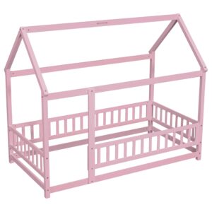 Twin Size House Bed Frame for Kids,Wooden Montessori Floor Bed with Fence and Roof,Floor Bed Frame Twin Size, Twin Bed Frame for Girls,Boys(Twin,Pink)