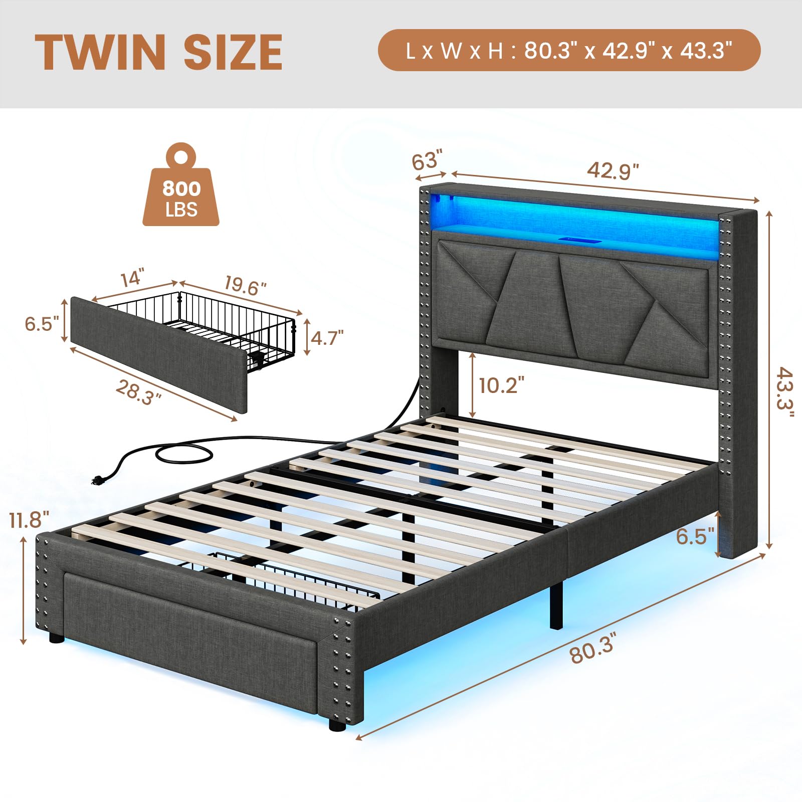 VIAGDO Twin Bed Frames with LED Lights, Upholstered Platform Bed Frame Twin Size with Storage Headboard and Charging Station, LED Twin Bed Frame, No Box Spring Needed, Dark Grey