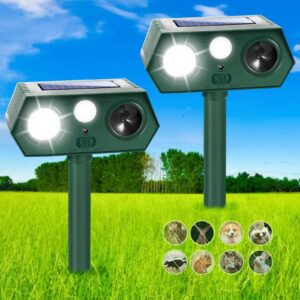 2 pack ultrasonic animal repellent solar powered animal deterrent outdoor waterproof cat repellent with flash light motion sensor to keep cat deer squirrel raccoon rabbit skunk dog out of yard