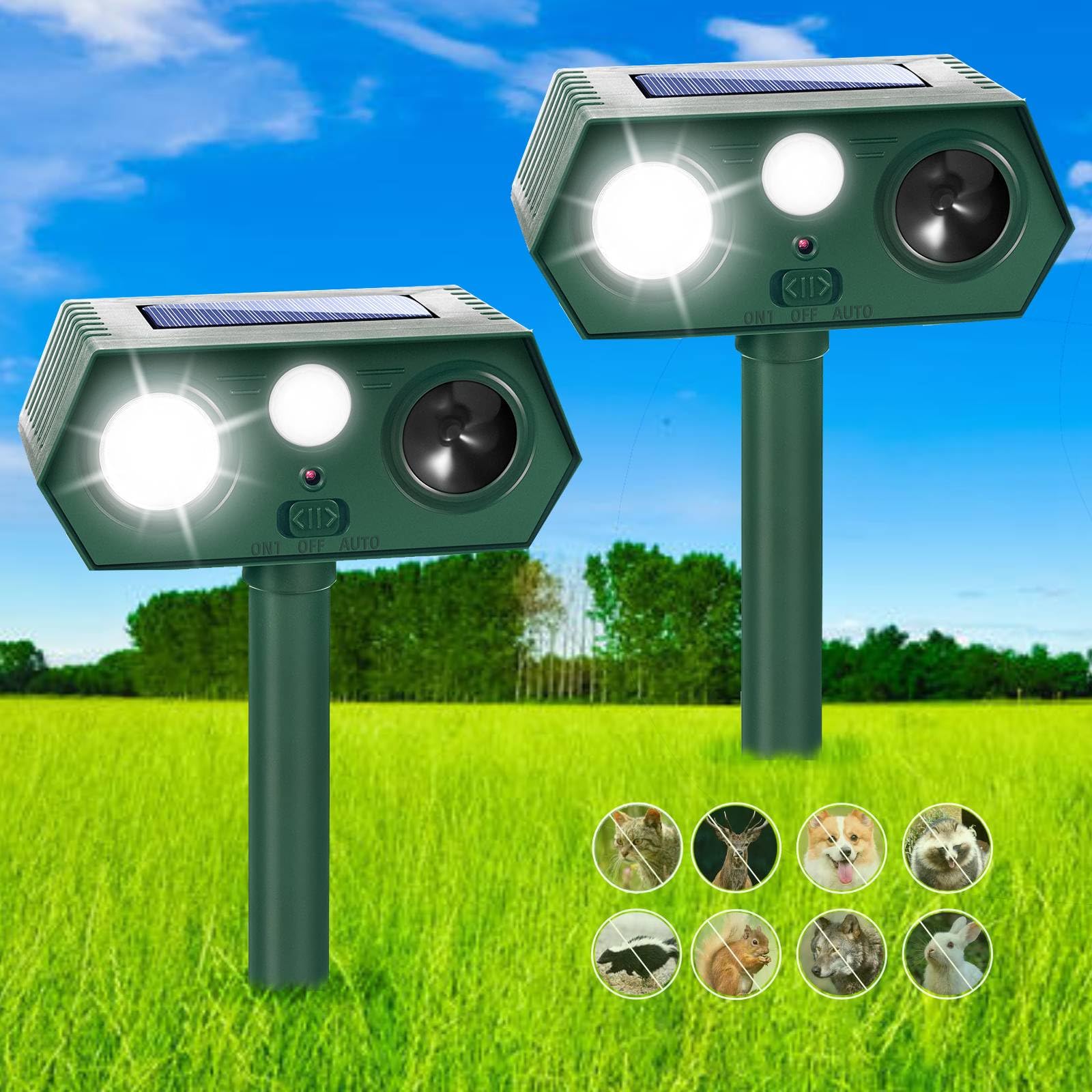 2 Pack Ultrasonic Animal Repellent Solar Powered Animal Deterrent Outdoor Waterproof Cat Repellent with Flash Light Motion Sensor to Keep Cat Deer Squirrel Raccoon Rabbit Skunk Dog Out of Yard