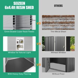 Seizeen 6x4.4ft Resin Shed with Floor, Waterproof Outdoor Plastic Garden Shed with Lockable Doors, Window & Vents, Outdoor Storage Shed for Storing Patio Furniture, Tools, Bike and Lawn Mower (Gray)