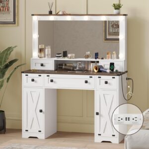 DICTAC Farmhouse Vanity Desk with Mirror and Hollywood Lights, 43'' Makeup Table with Power Outlet, 5 Drawers and 2 Cabinets Vanity Table with 3 Color Lighting Modes Brightness Adjustable, White