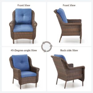 Patio Chairs Outdoor Wicker Armchair Set of 4 - Heavy Duty Outside Rattan Lawn Chair for Front Porch Balcony Backyard Yard Deck Poolside Apartment – Brown/Blue