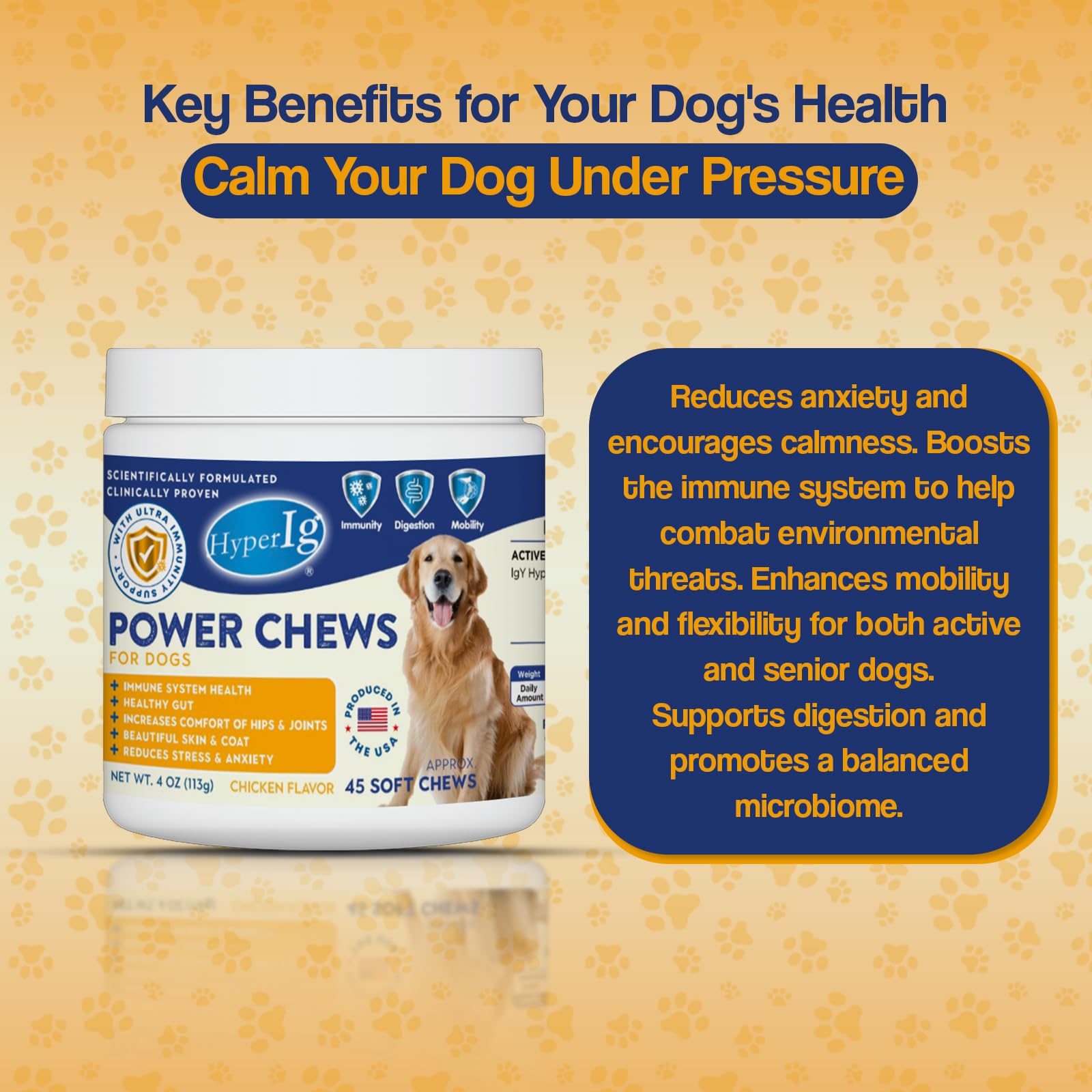 HyperIg Power Chews for Dogs - Chicken Flavor, IgY Hyperimmune Protein for Immune System Health, Joint Support, Stress & Anxiety Relief, and Healthy Skin & Coat – 45 Soft Chews - 113 Grams