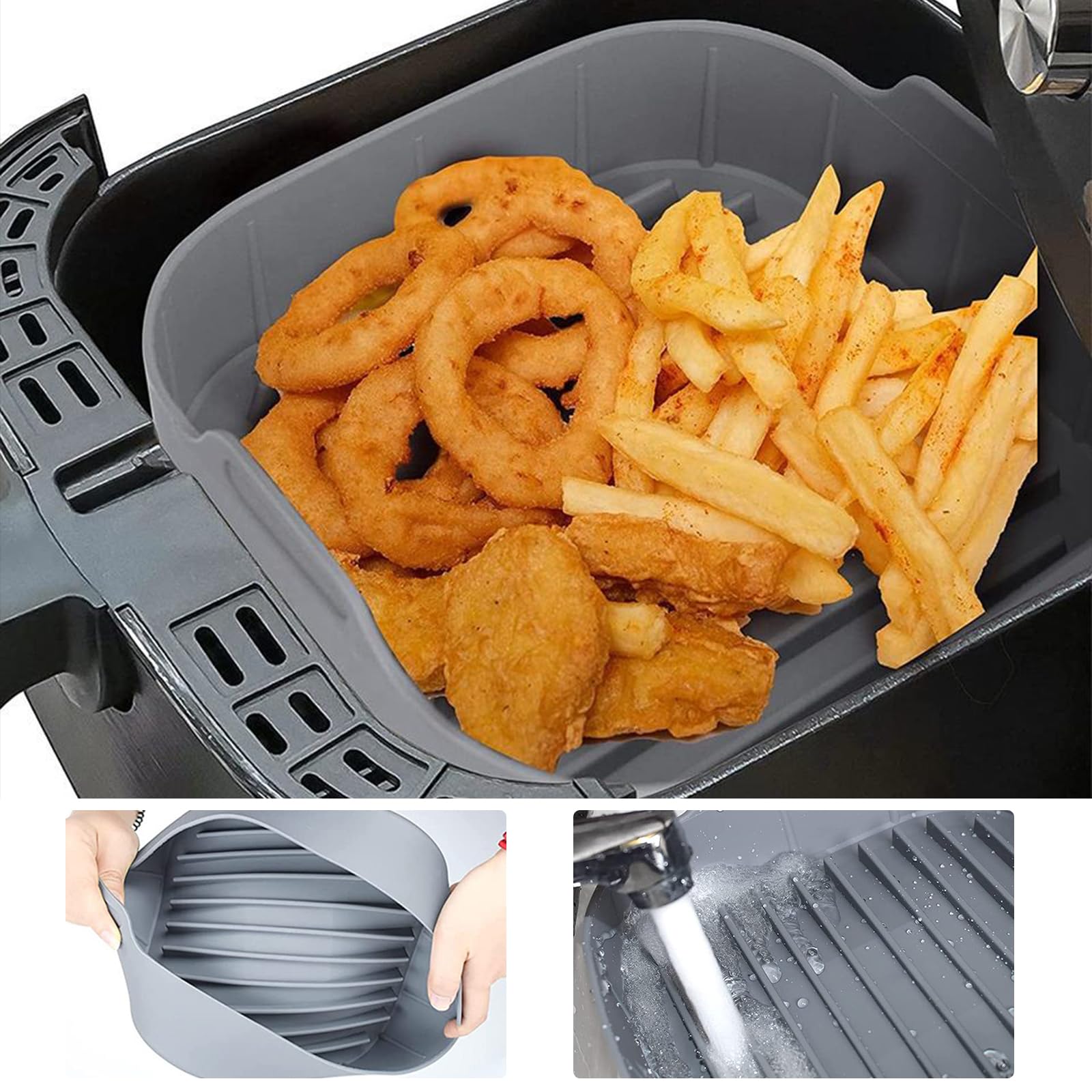 Giciashop Silicone Grilling Pan, 8" x 2.8" Air Fryer Silicone Basket with Handles, Reusable Flat Griddle Pan for Air Fryers, Steamers