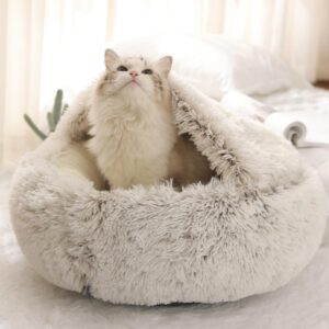 Calming Cat Cave Bed with Hooded Cover, Short-Haired Plush Washable Bed with Non-Slip Bottom, Comfortable and Cozy Round Bed for Small and Medium Cats, Anti-Anxiety Pet Bed(40cm/15.7inches, Green)