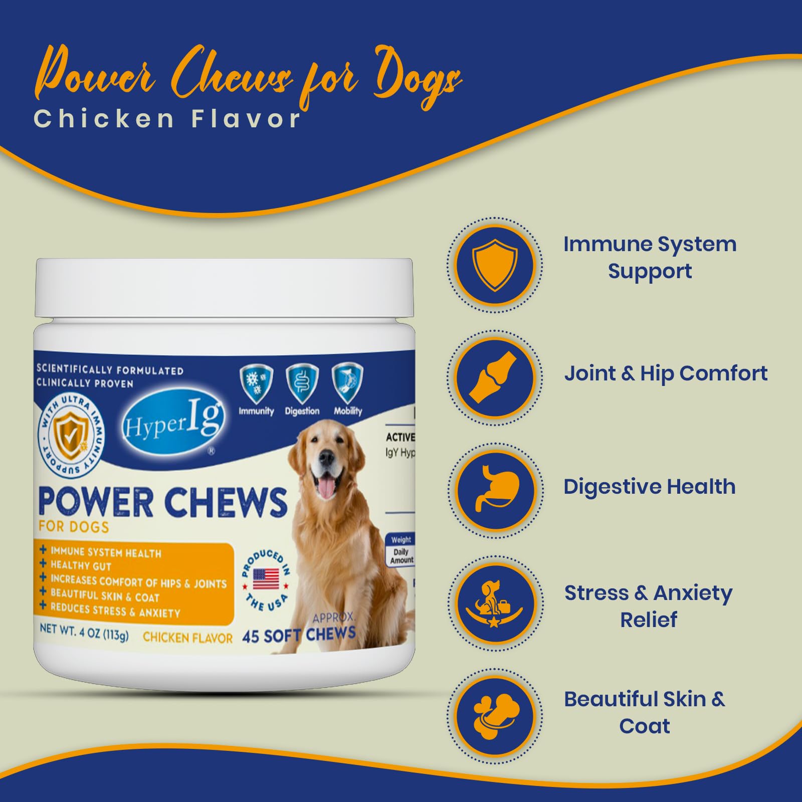 HyperIg Power Chews for Dogs - Chicken Flavor, IgY Hyperimmune Protein for Immune System Health, Joint Support, Stress & Anxiety Relief, and Healthy Skin & Coat – 45 Soft Chews - 113 Grams