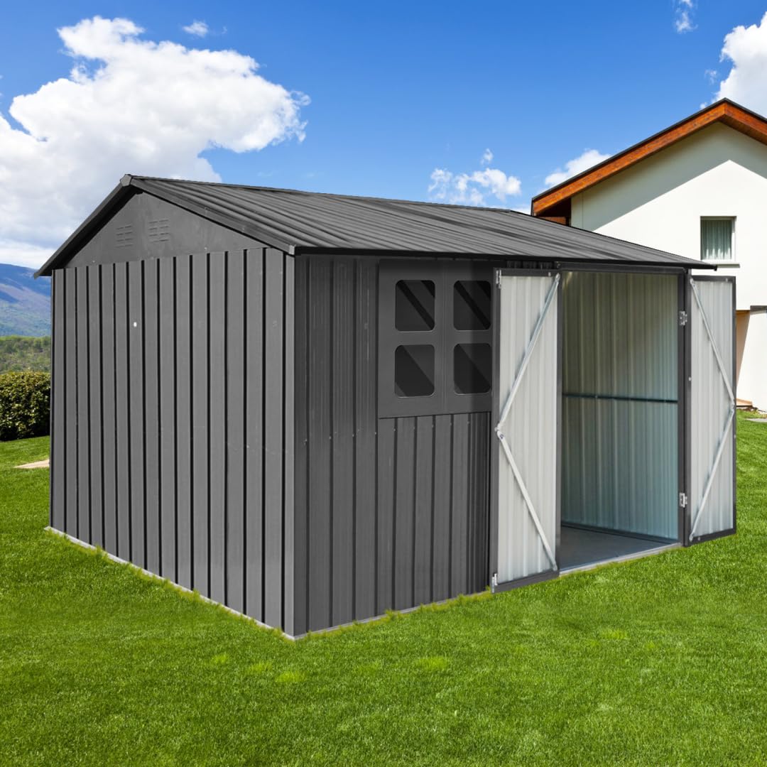 8x6 FT Metal Outdoor Storage Shed, Weather Resistant Tool Shed with Lockable Door, Vents & Window, Organization for Home/Backyard/Garden Tools/Lawn Mower/Bike Storage, Grey