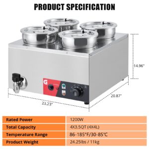 EuKer Commercial Soup Warmer 4X3.5QT - Stainless Steel Buffet Bain Marie, 86-185℉, Adjustable Temp, Anti-Dry Burn, Reset Button, 1200W Electric Food Warmer for Restaurant