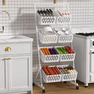 hatleues Fruit Vegetable Storage Basket, 4 Tier Fruit Storage Shelves with Removable Basket and Rolling Wheels,Kitchen Organizers and Storage Rack, Standing Utility Storage Cart (White, Four Layer)