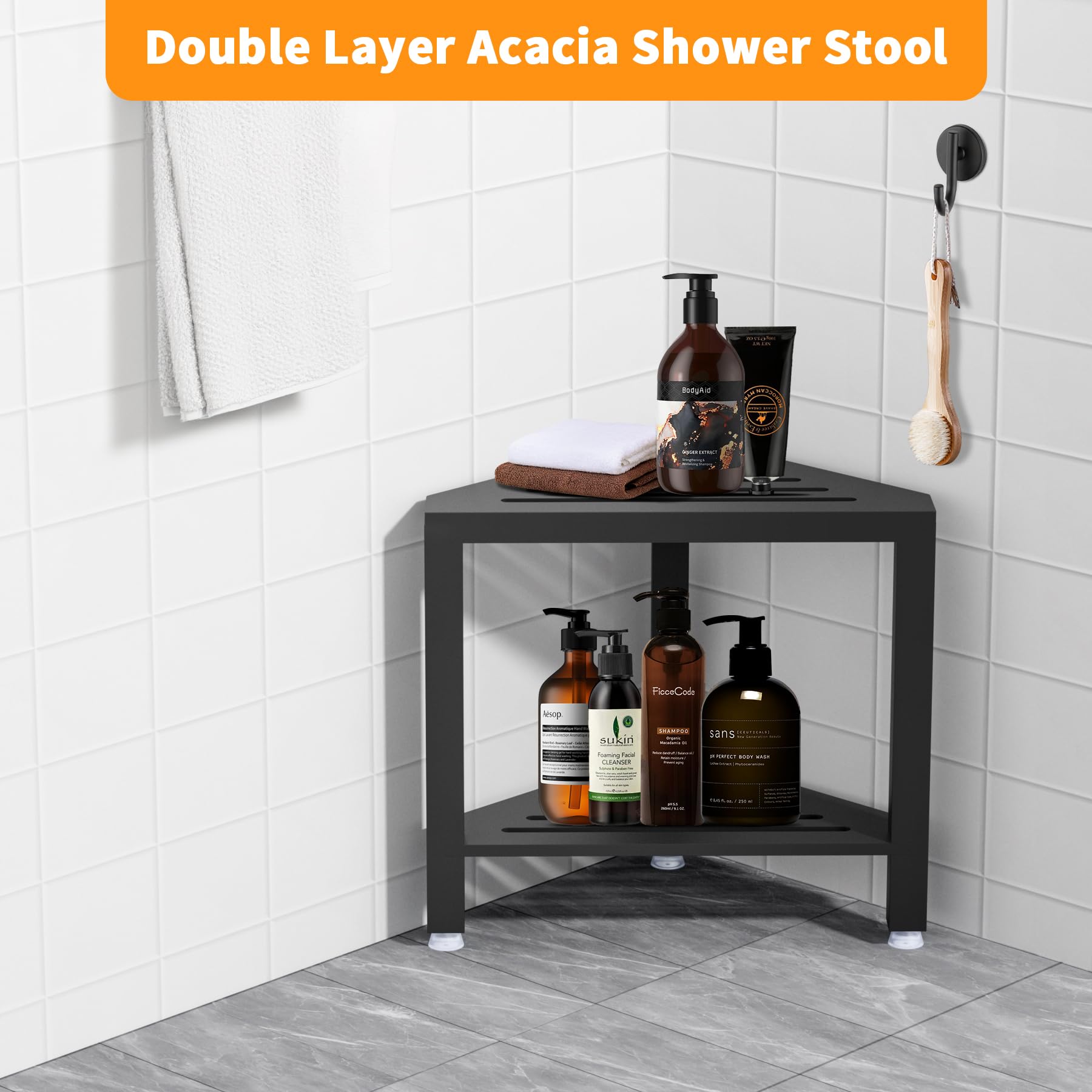 Shower Foot Rest 14 in, Acacia Wood Shower Stool for Shaving Legs,Corner Bath Shower Bench with Starage Shelf for Inside Small Shower Spaces