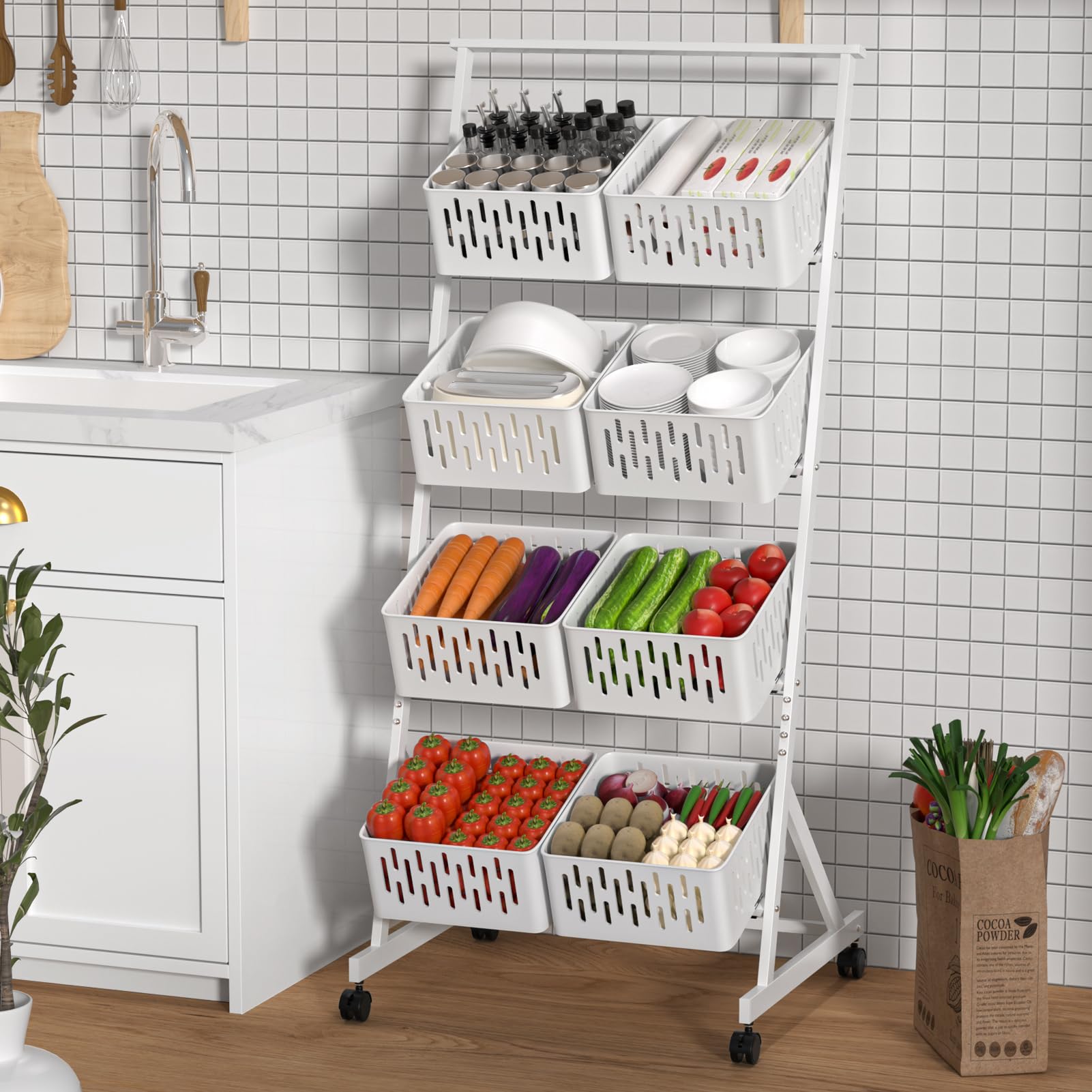 hatleues Fruit Vegetable Storage Basket, 4 Tier Fruit Storage Shelves with Removable Basket and Rolling Wheels,Kitchen Organizers and Storage Rack, Standing Utility Storage Cart (White, Four Layer)