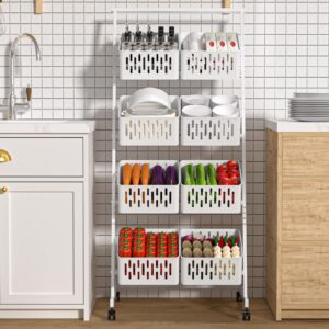 hatleues Fruit Vegetable Storage Basket, 4 Tier Fruit Storage Shelves with Removable Basket and Rolling Wheels,Kitchen Organizers and Storage Rack, Standing Utility Storage Cart (White, Four Layer)