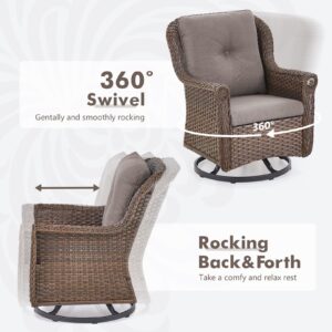 Outdoor Wicker Furniture Set for Patio - 5 Piece Outside Rattan Conversation Bistro Dining Chair Sets with Rocking Swivel Chairs, Ottomans and Side Table for Porch Yard Balcony – Brown/Grey