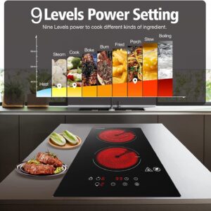 AMZCHEF 2 Burner Electric Cooktop 12 Inch, Domino Electric Stove Top 120v Plug Ceramic Cooktop with 1800W 9 Power Levels,Sensor Touch,Child Lock,Residual Heat Indicator,Built-in&Countertop,Upgraded