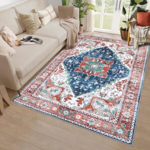 rugs for living room,vintage rug for living room bedroom dinning room, distressed tribal area rug,low pile non-slip washable indoor door mat for kitchen entryway bathroom,6 * 9ft,red