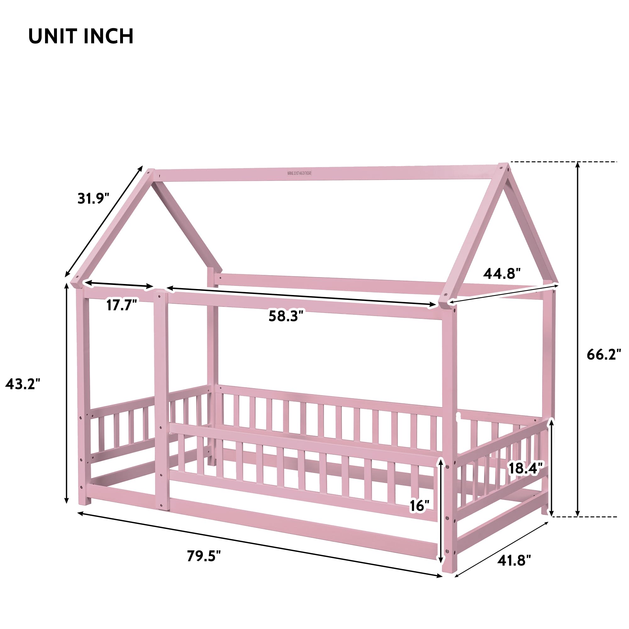 Twin Size House Bed Frame for Kids,Wooden Montessori Floor Bed with Fence and Roof,Floor Bed Frame Twin Size, Twin Bed Frame for Girls,Boys(Twin,Pink)