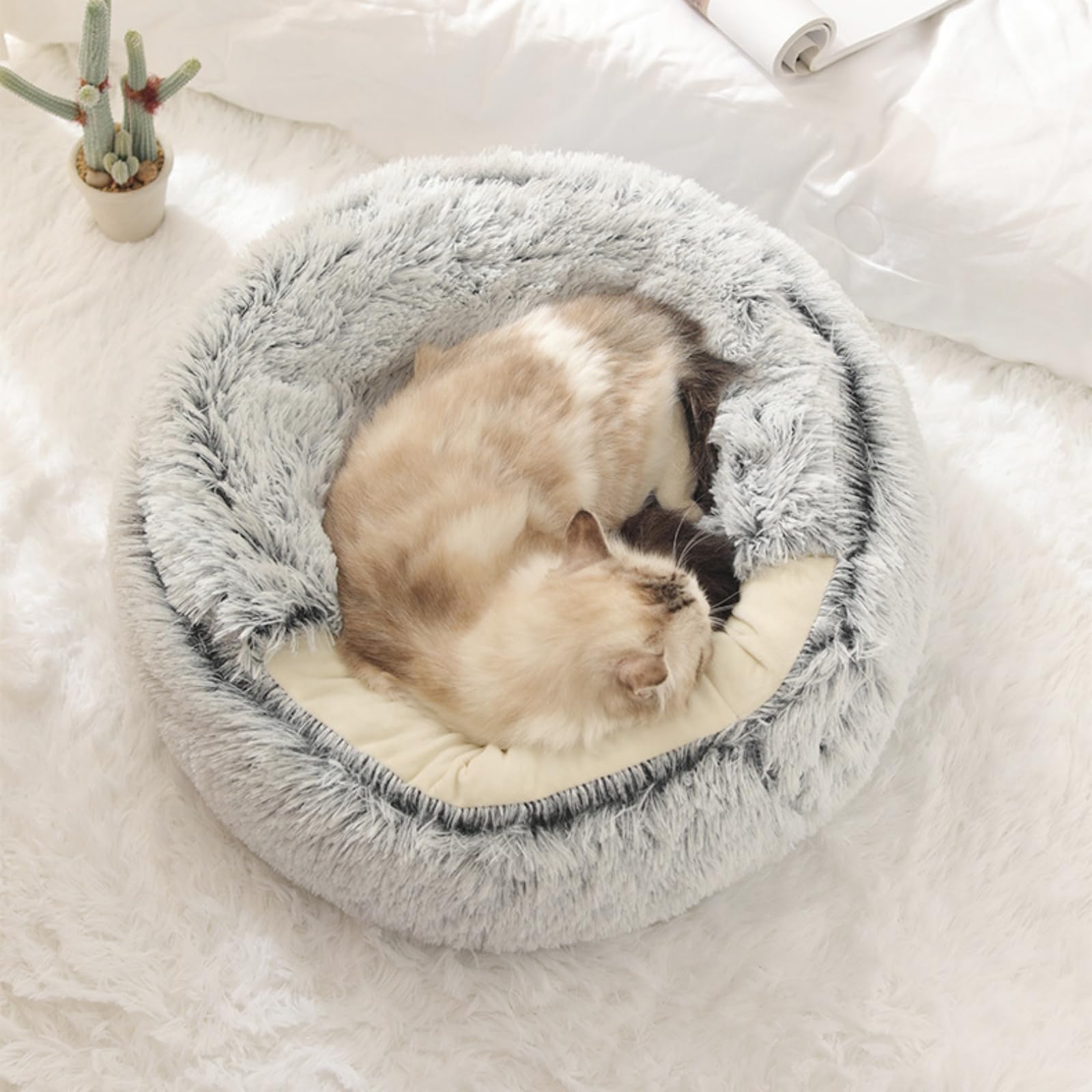 Calming Cat Cave Bed with Hooded Cover, Short-Haired Plush Washable Bed with Non-Slip Bottom, Comfortable and Cozy Round Bed for Small and Medium Cats, Anti-Anxiety Pet Bed(40cm/15.7inches, Green)