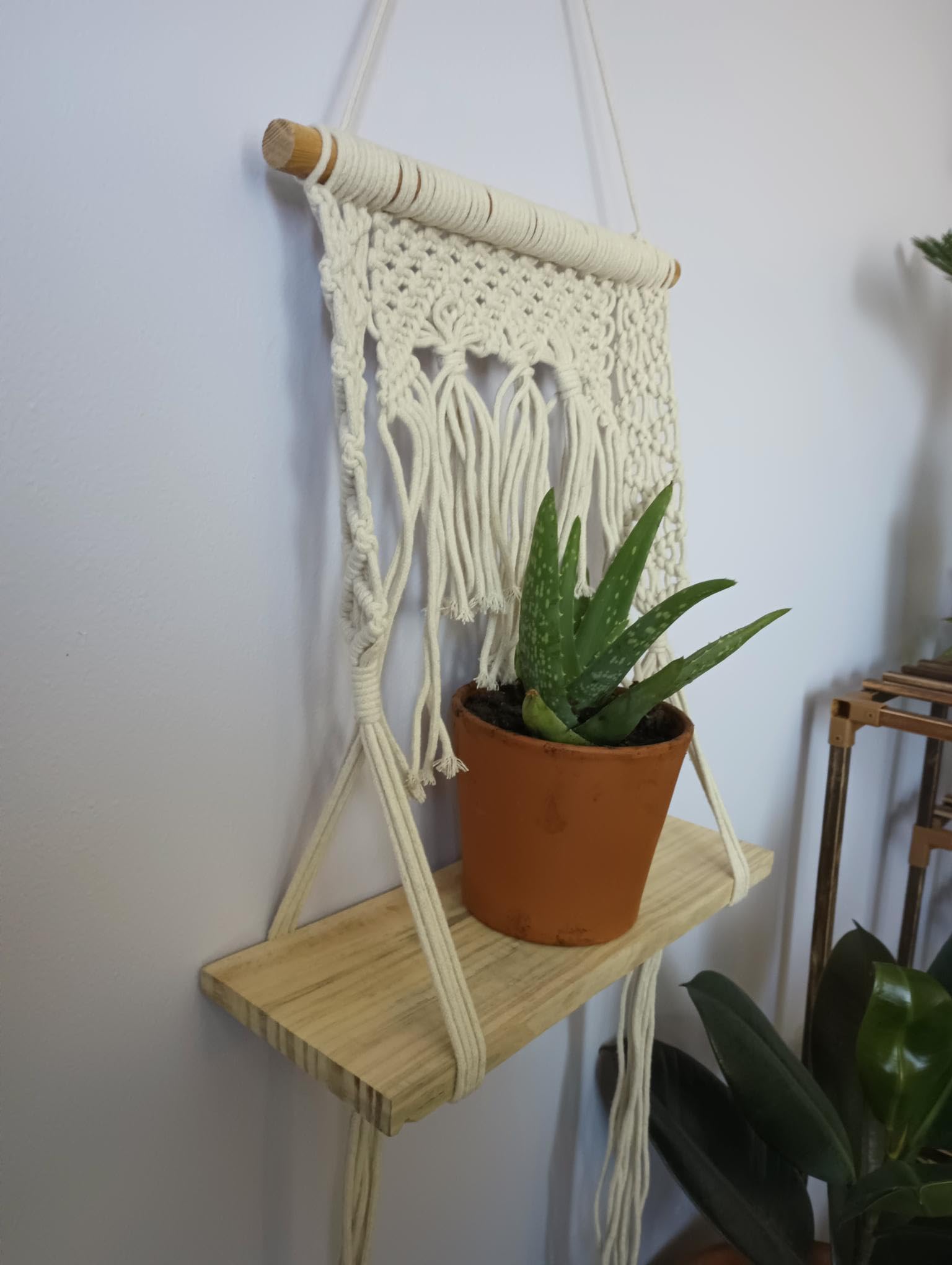 Kamal Brands -Handmade Macrame Wall Hanging Shelf with Tassels and Wooden Plank