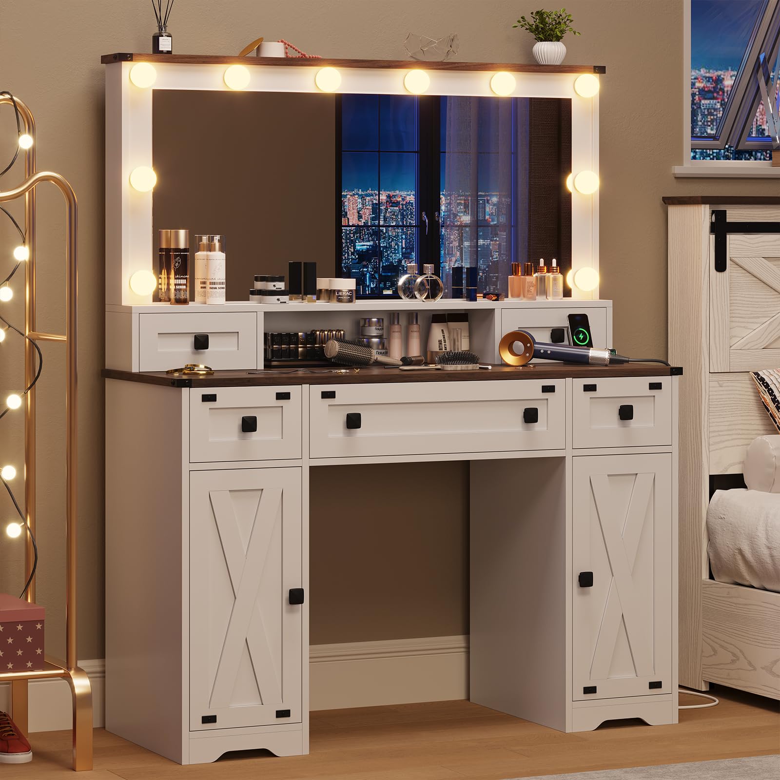 DICTAC Farmhouse Vanity Desk with Mirror and Hollywood Lights, 43'' Makeup Table with Power Outlet, 5 Drawers and 2 Cabinets Vanity Table with 3 Color Lighting Modes Brightness Adjustable, White