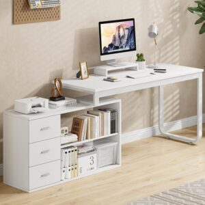 MaverickFurni White Desk with Drawers, 55 Inch White L Shaped Desk with 3 Drawers, Computer Desk with Monitor Stand, White Home Office Sturdy Desk with Storage for Bedroom