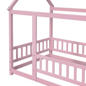 Twin Size House Bed Frame for Kids,Wooden Montessori Floor Bed with Fence and Roof,Floor Bed Frame Twin Size, Twin Bed Frame for Girls,Boys(Twin,Pink)