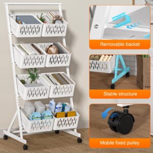 hatleues Fruit Vegetable Storage Basket, 4 Tier Fruit Storage Shelves with Removable Basket and Rolling Wheels,Kitchen Organizers and Storage Rack, Standing Utility Storage Cart (White, Four Layer)