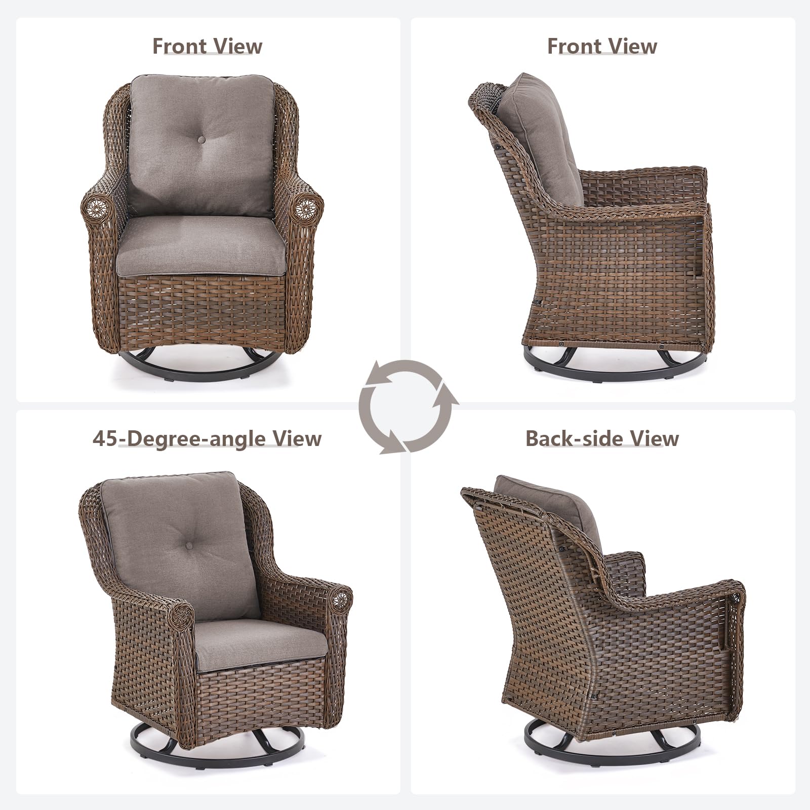 Outdoor Wicker Furniture Set for Patio - 5 Piece Outside Rattan Conversation Bistro Dining Chair Sets with Rocking Swivel Chairs, Ottomans and Side Table for Porch Yard Balcony – Brown/Grey