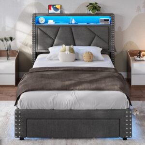 VIAGDO Twin Bed Frames with LED Lights, Upholstered Platform Bed Frame Twin Size with Storage Headboard and Charging Station, LED Twin Bed Frame, No Box Spring Needed, Dark Grey