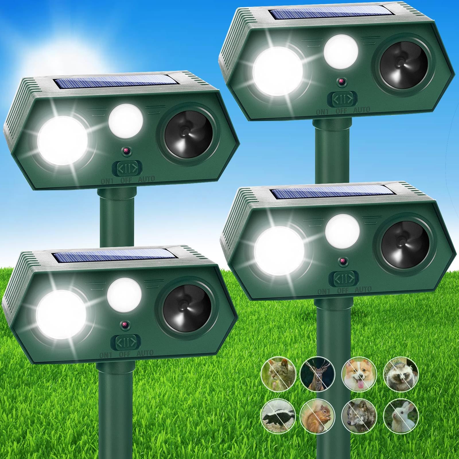 4 Pack Solar Animal Repeller Ultrasonic Animal Repellent Waterproof Outdoor Cat Deterrrent to Keep Cat Deer Raccoon Rabbit Skunk Dog Out of Yard, Deer Repeller with Motion Sensor Flash Light for Lawn