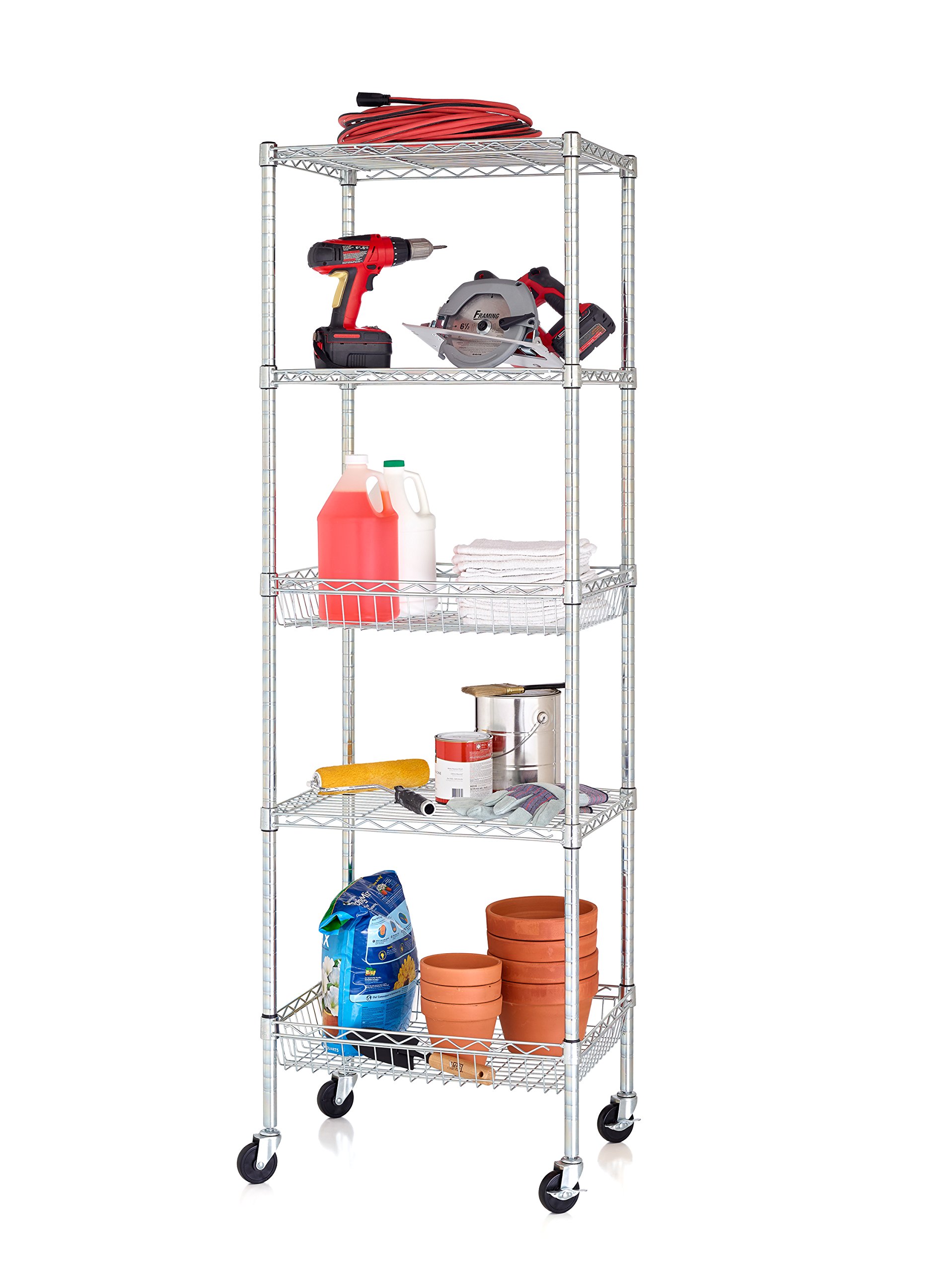 HSS 5 Tier Wire Shelving Tower Rack with 3" Casters, 18" Dx24 Wx75 H Chrome, Total Capacity 500 lbs