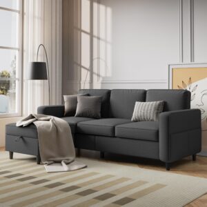 sectional sofa couches for living room - 78'' dark grey 3 seat l-shaped couch with storage ottoman, modern linen convertible sectionals sofas with chaise for apartment, office, small space