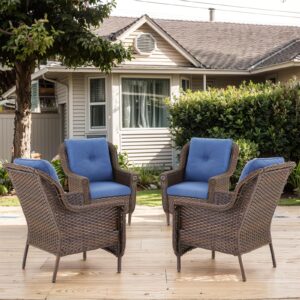 Patio Chairs Outdoor Wicker Armchair Set of 4 - Heavy Duty Outside Rattan Lawn Chair for Front Porch Balcony Backyard Yard Deck Poolside Apartment – Brown/Blue