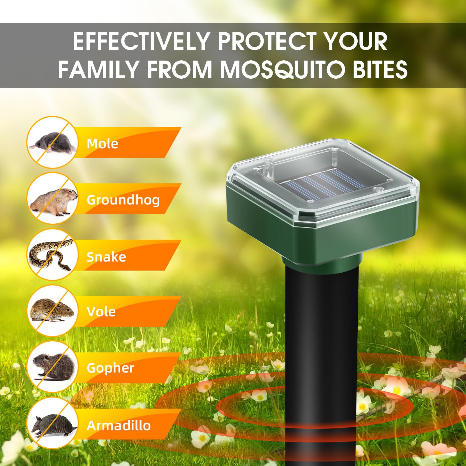 Mole Repellent Solar Powered Ultrasonic Gopher Repellent Groundhog Repeller Sonic Mole Deterrent Stake Vole Repellent Spikes Rodent Repellent for Lawns Yard, 8 Pack