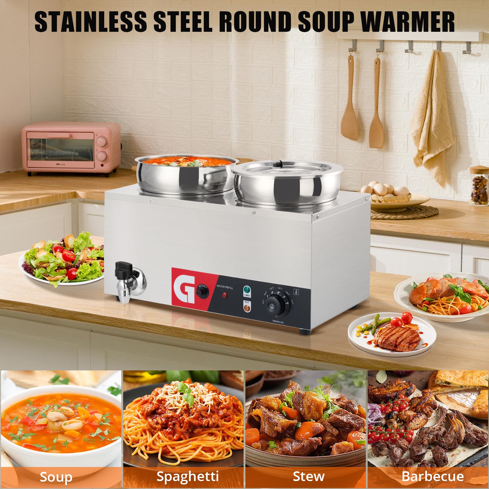 Asypets Commercial Soup Warmer - Stainless Steel Buffet Bain Marie, 86-185℉ Adjustable Temp, Anti-Dry Burn, Reset Button, 1200W Electric Food Warmer for Restaurant