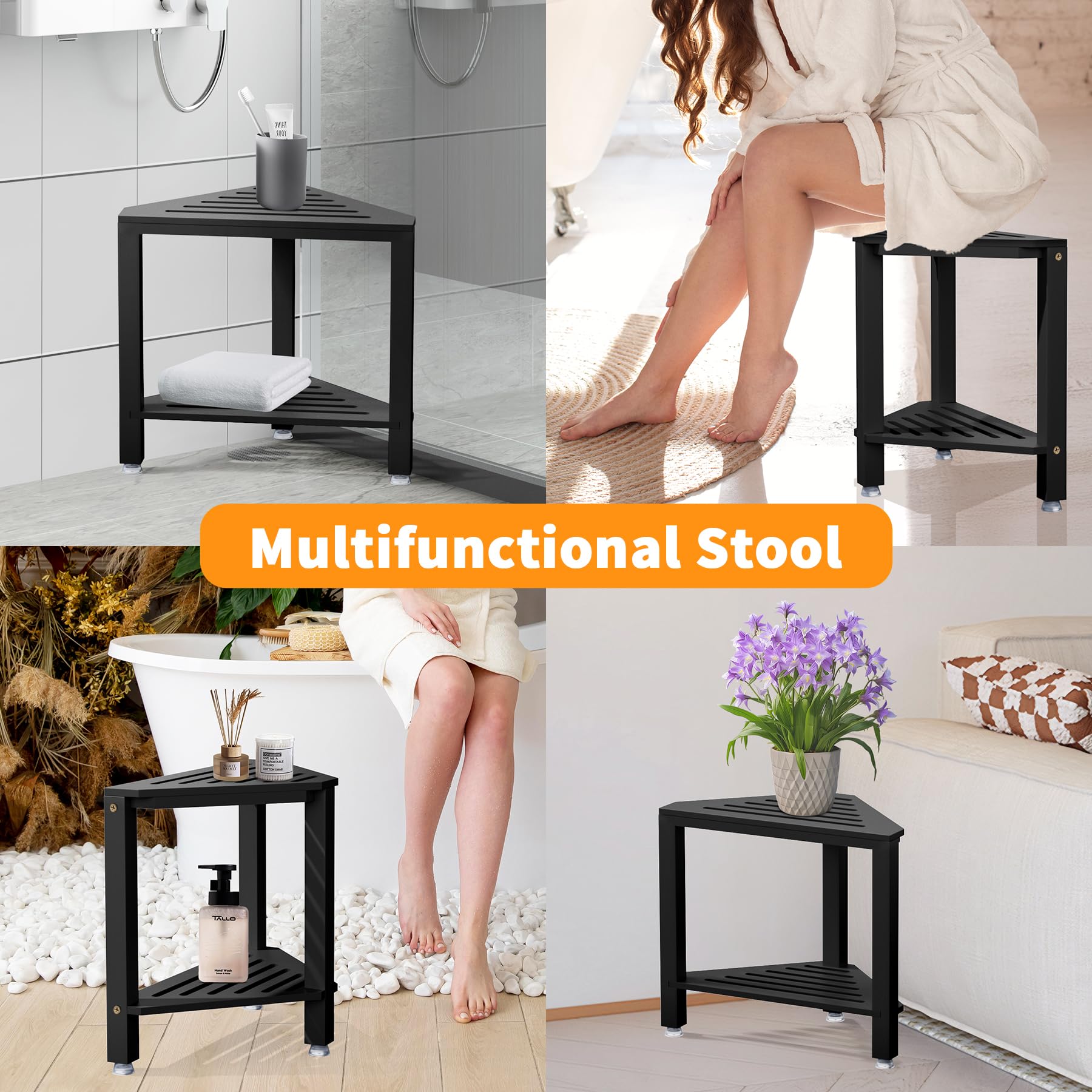 Shower Foot Rest 14 in, Acacia Wood Shower Stool for Shaving Legs,Corner Bath Shower Bench with Starage Shelf for Inside Small Shower Spaces